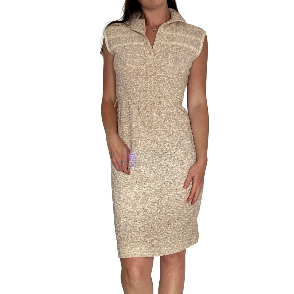 Vintage 1960s Leslie Fay LF Petite Beige Knit Wiggle Dress Lace Trim Mod